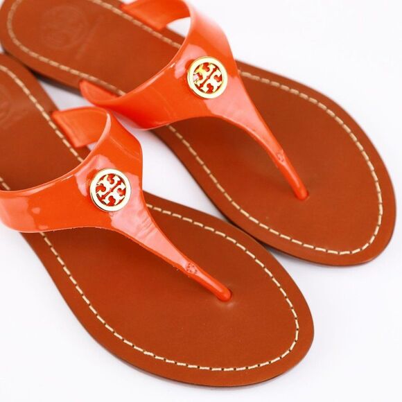 Tory Burch CAMERON Patent Leather Thong Fire Orange 5.5 - Picture 2 of 11